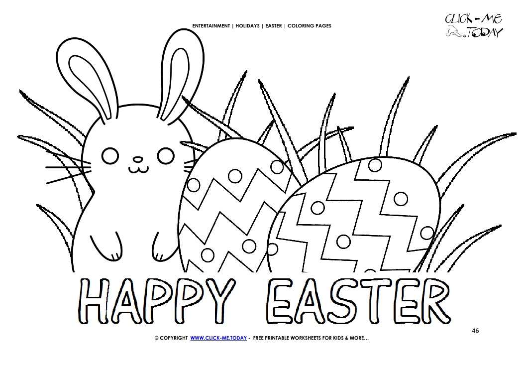 Easter Coloring Page: 46 Happy Easter bunnie with eggs in grass